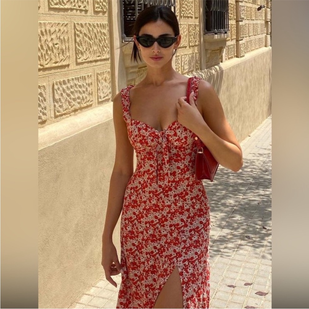 RARE Red Floral Midi Dress with Slit Zara